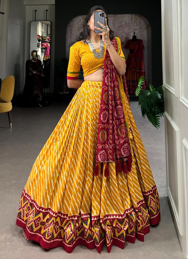 Tussar Silk Yellow Festival Wear Leheriya Print Lehenga Choli